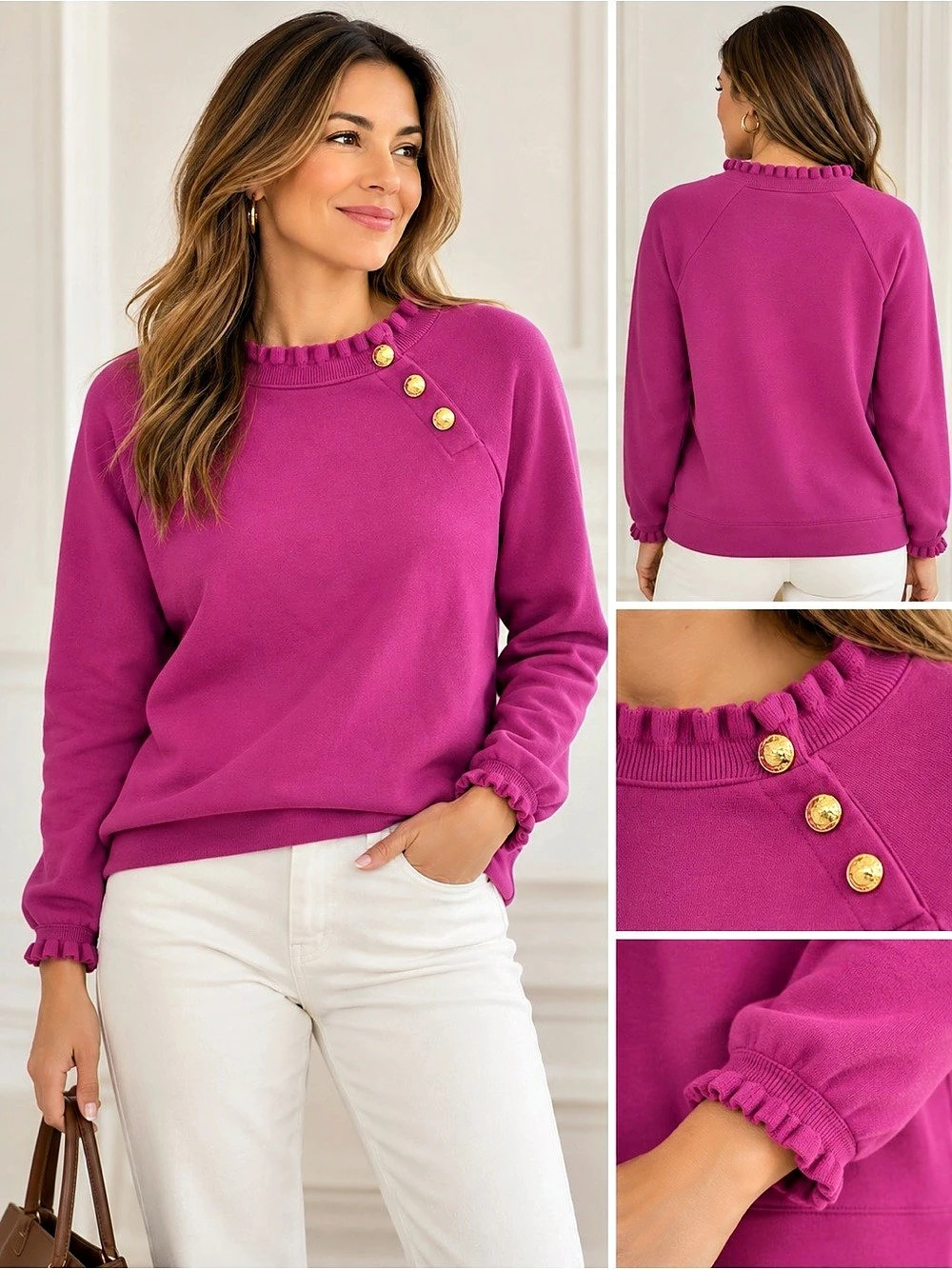 Talbots Cotton Ruffle Jumper Pink Crewneck Sweater